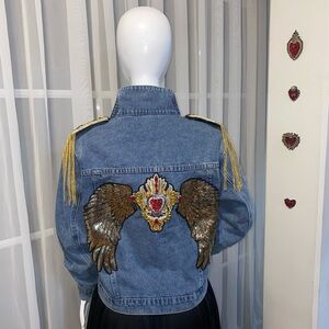 Embroidered Denim Jacket with Wing Design